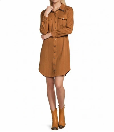 Reba Mesa Faux Suede Point Collar Long Sleeve Shirttail Hem Shirt Dress