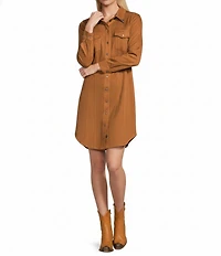 Reba Mesa Faux Suede Point Collar Long Sleeve Shirttail Hem Shirt Dress