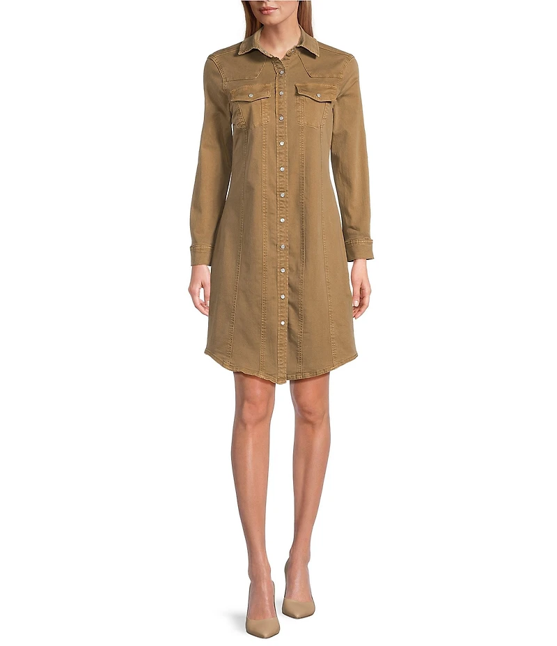 Reba Mesa Stretch Denim Point Collar Long Sleeve Shirt Dress