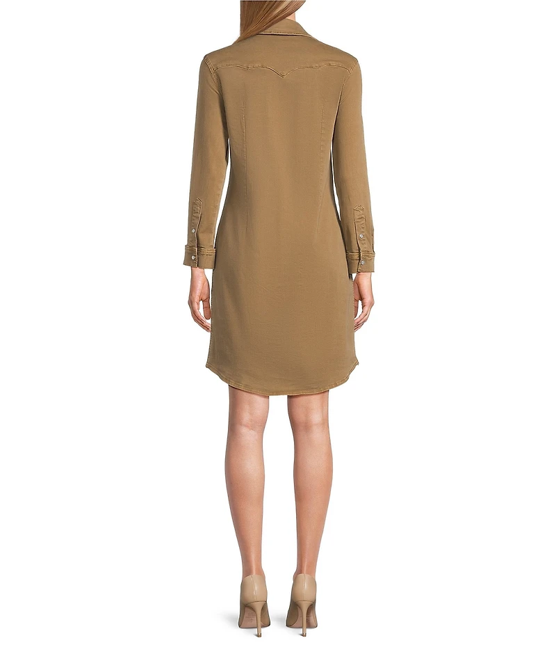 Reba Mesa Stretch Denim Point Collar Long Sleeve Shirt Dress