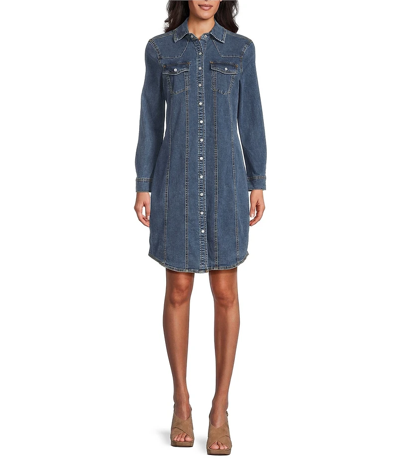 Reba Mesa Stretch Denim Point Collar Long Sleeve Shirt Dress