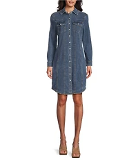 Reba Mesa Stretch Denim Point Collar Long Sleeve Shirt Dress