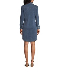 Reba Mesa Stretch Denim Point Collar Long Sleeve Shirt Dress