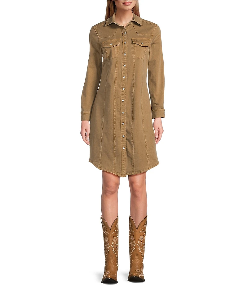 Reba Mesa Stretch Denim Point Collar Long Sleeve Shirt Dress