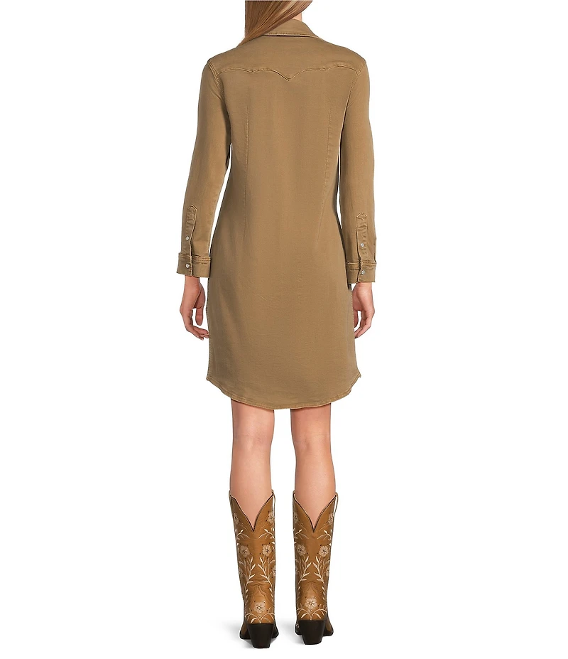 Reba Mesa Stretch Denim Point Collar Long Sleeve Shirt Dress
