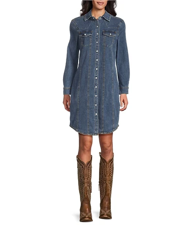 Reba Mesa Stretch Denim Point Collar Long Sleeve Shirt Dress