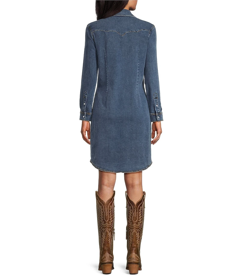 Reba Mesa Stretch Denim Point Collar Long Sleeve Shirt Dress