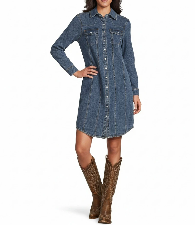 Reba Mesa Stretch Denim Point Collar Long Sleeve Shirt Dress