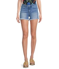 Reba Mid Rise 5 Pocket Frayed Hem Stretch Denim Cut Off Shorts