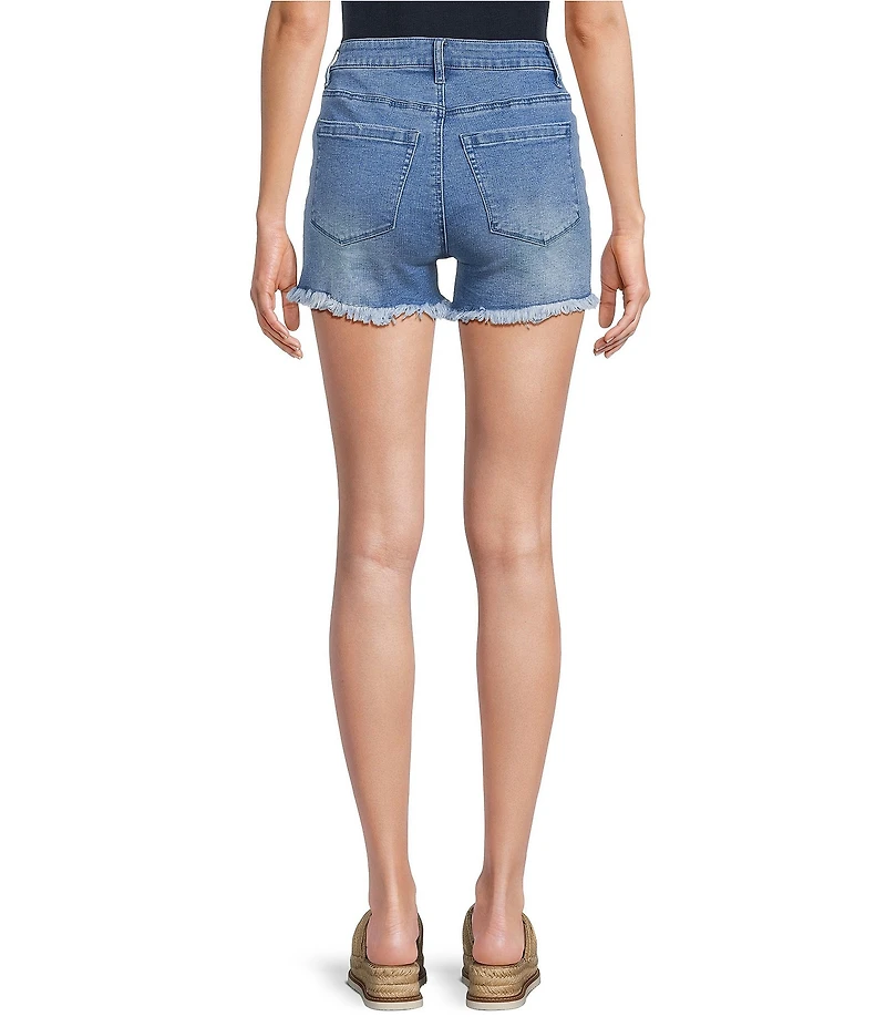 Reba Mid Rise 5 Pocket Frayed Hem Stretch Denim Cut Off Shorts