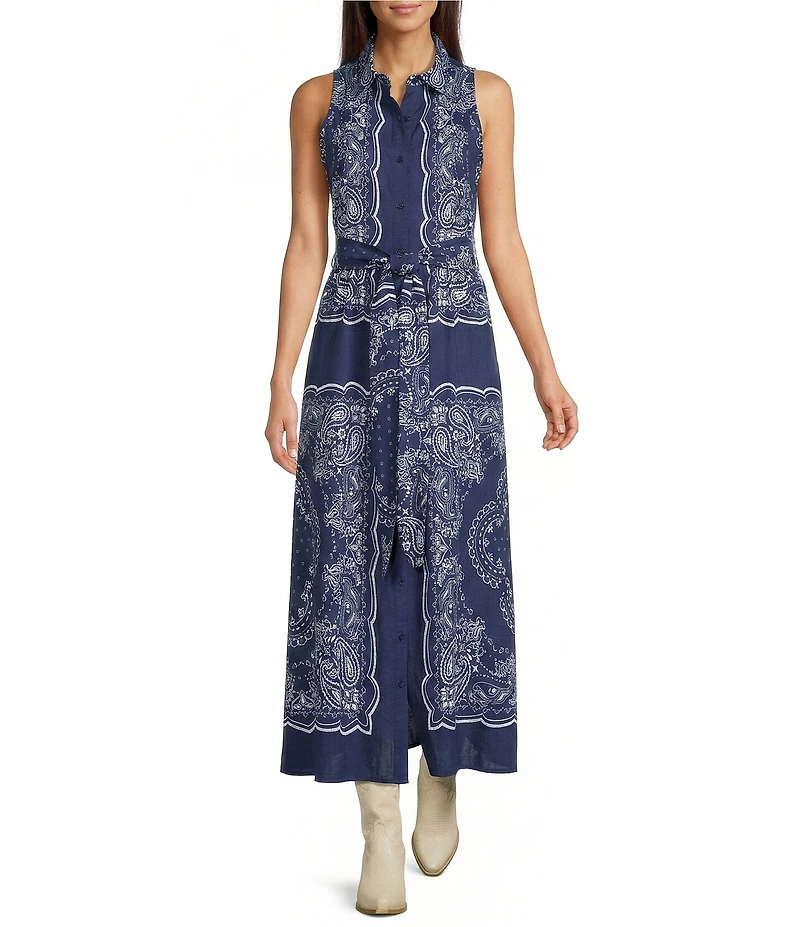 Reba Orion Bandana Print Point Collar Sleeveless A-Line Maxi Dress