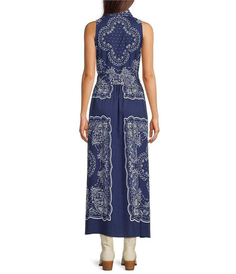 Reba Orion Bandana Print Point Collar Sleeveless A-Line Maxi Dress