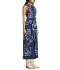 Reba Orion Bandana Print Point Collar Sleeveless A-Line Maxi Dress