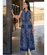 Reba Orion Bandana Print Point Collar Sleeveless A-Line Maxi Dress