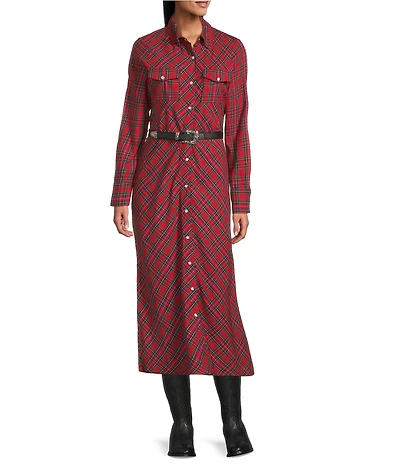 Reba Plaid Point Collar Long Sleeve Belted Shirt Dress