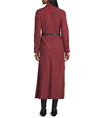 Reba Plaid Point Collar Long Sleeve Belted Shirt Dress