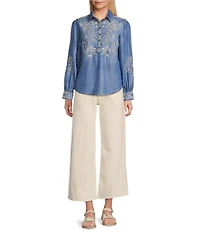 Reba Prescott Woven Point Collar Long Sleeve Embroidered Peasant Shirt