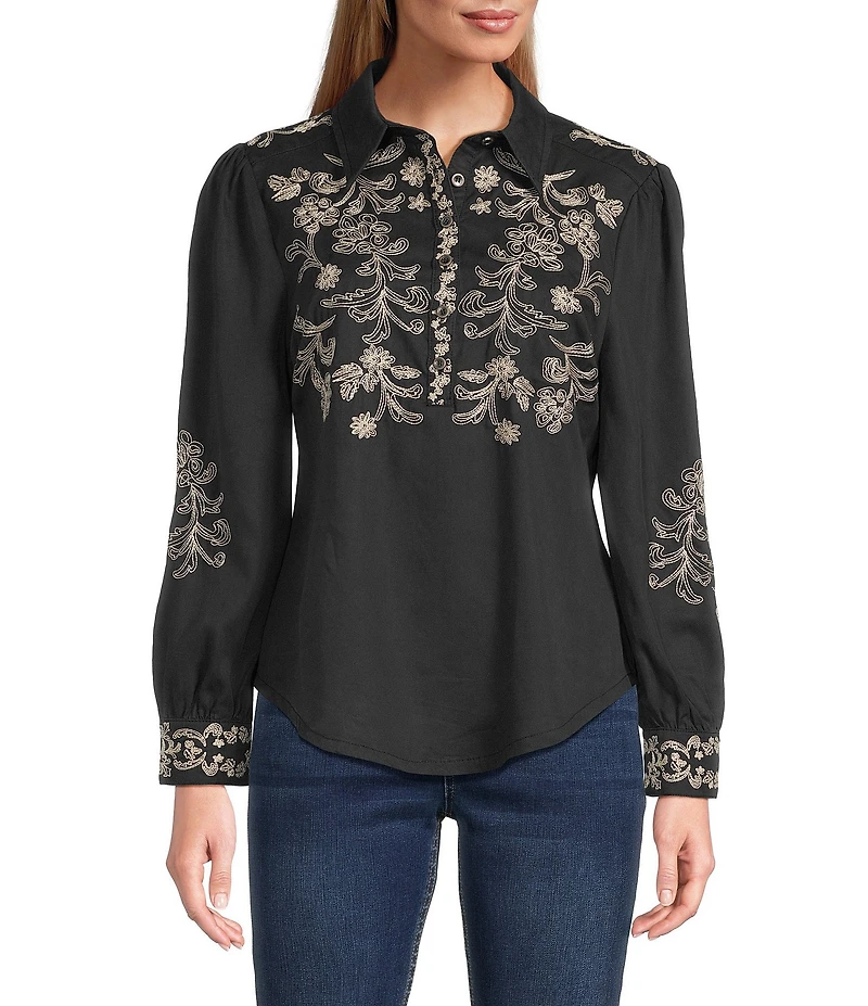 Reba Prescott Woven Point Collar Long Sleeve Embroidered Peasant Shirt