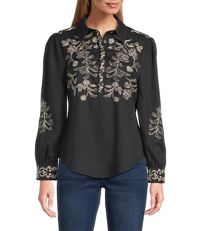 Reba Prescott Woven Point Collar Long Sleeve Embroidered Peasant Shirt