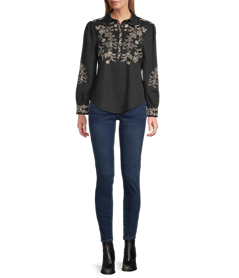 Reba Prescott Woven Point Collar Long Sleeve Embroidered Peasant Shirt