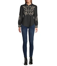 Reba Prescott Woven Point Collar Long Sleeve Embroidered Peasant Shirt
