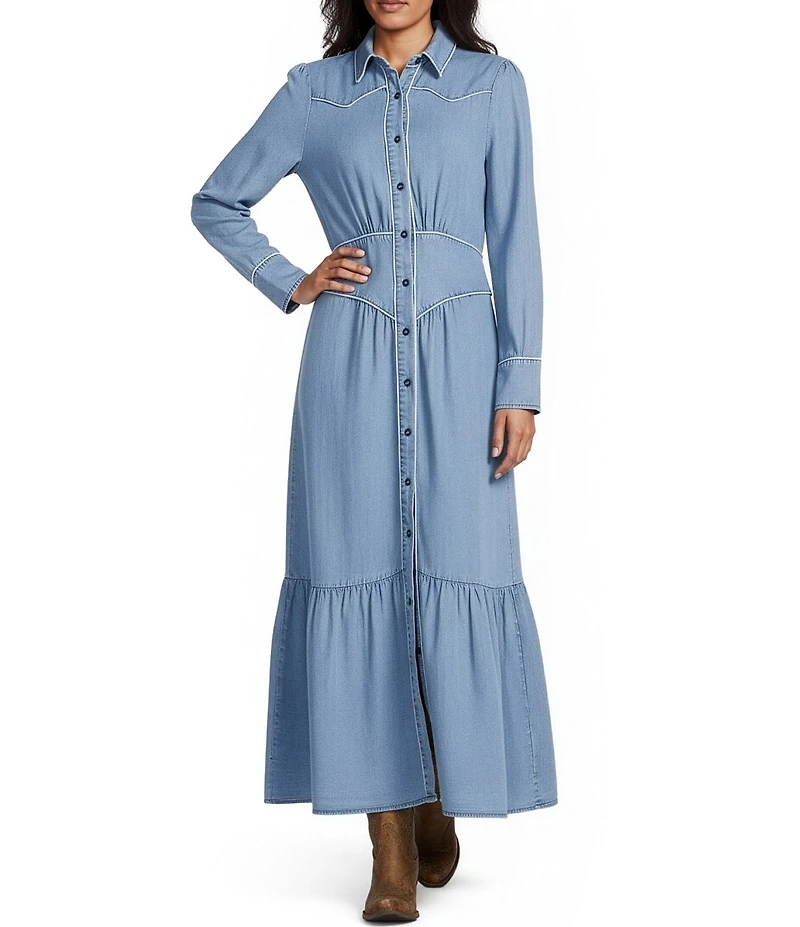 Reba Ranchland Blues Point Collar Long Sleeve A-Line Maxi Dress