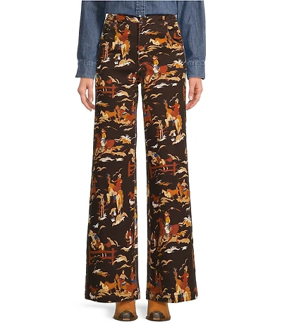 Reba Rodeo Cowboy Western Print Denim Twill High Rise Wide Leg Denim Jeans