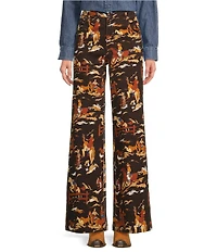 Reba Rodeo Cowboy Western Print Denim Twill High Rise Wide Leg Denim Jeans