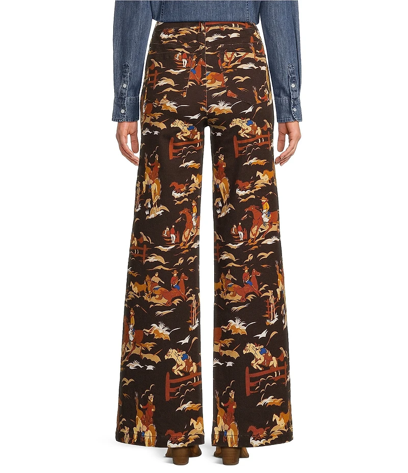 Reba Rodeo Cowboy Western Print Denim Twill High Rise Wide Leg Denim Jeans