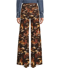 Reba Rodeo Cowboy Western Print Denim Twill High Rise Wide Leg Denim Jeans