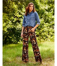 Reba Rodeo Cowboy Western Print Denim Twill High Rise Wide Leg Denim Jeans