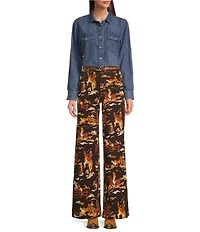 Reba Rodeo Cowboy Western Print Denim Twill High Rise Wide Leg Denim Jeans