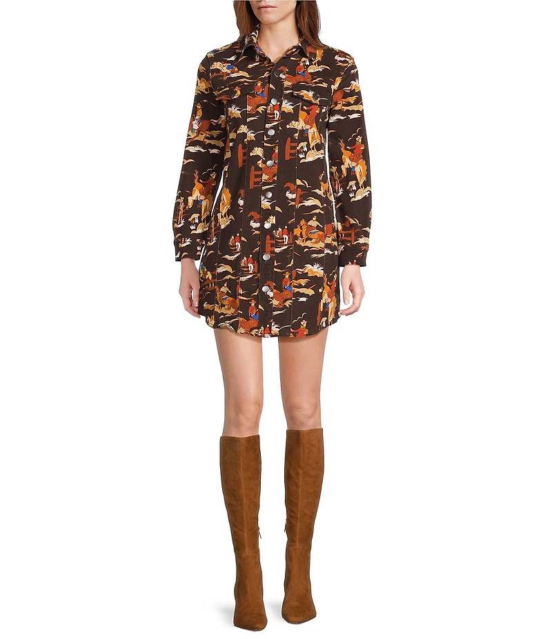 Reba Rodeo Cowboy Print Point Collar Long Sleeve Shirt Dress