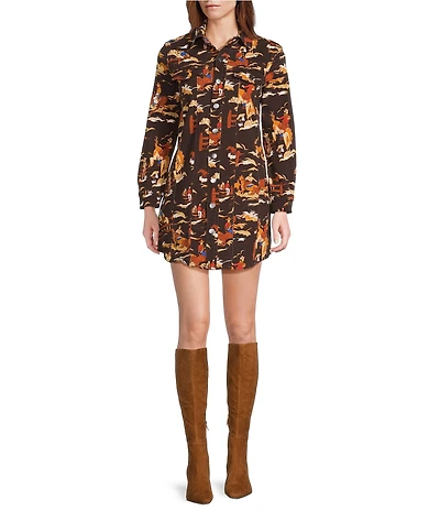 Reba Rodeo Cowboy Print Point Collar Long Sleeve Shirt Dress