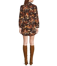 Reba Rodeo Cowboy Print Point Collar Long Sleeve Shirt Dress
