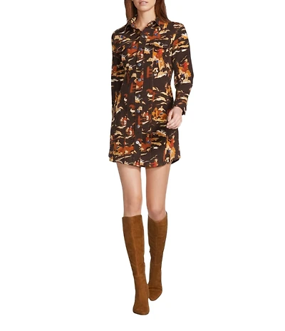 Reba Rodeo Cowboy Print Point Collar Long Sleeve Shirt Dress