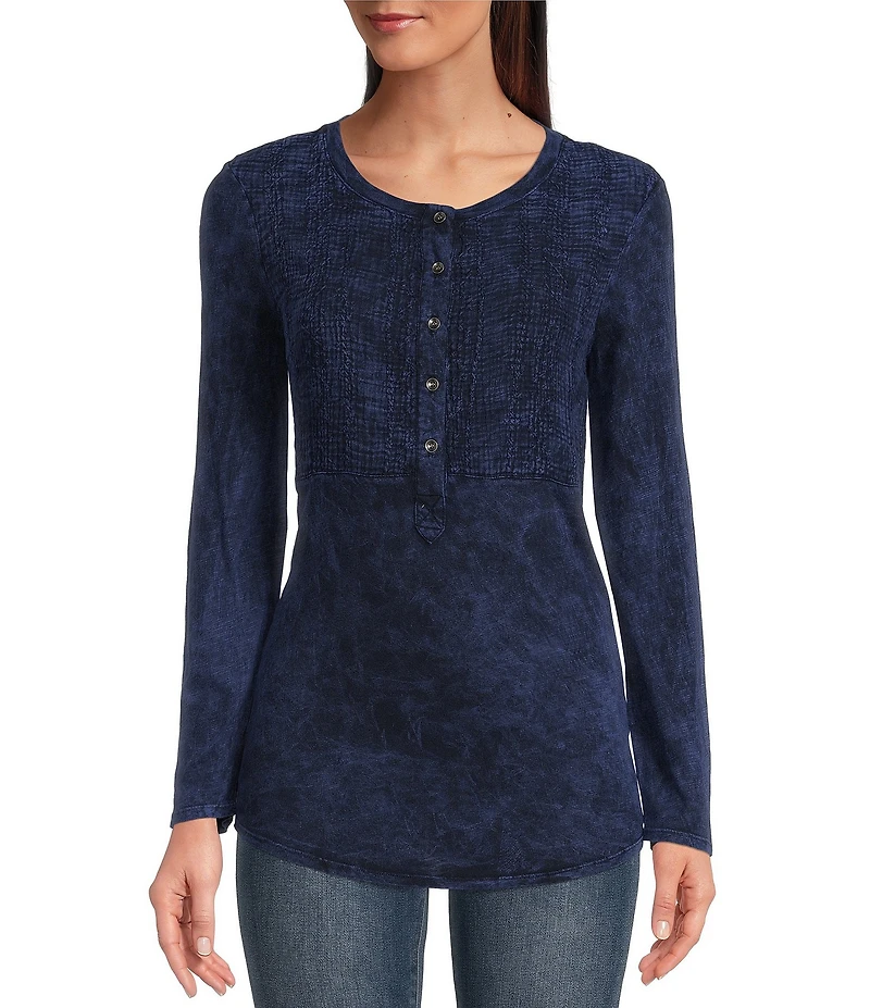 Reba Sadie Mix Media Henley Neck Long Sleeve Mineral Wash Shirt