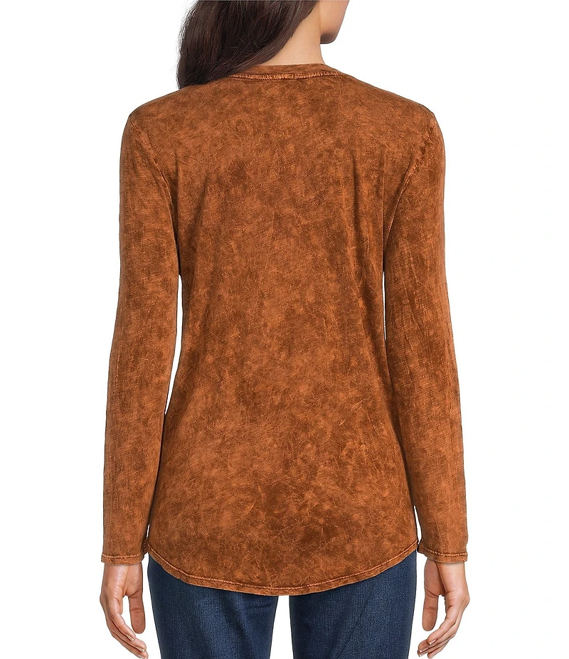 Reba Sadie Mix Media Henley Neck Long Sleeve Mineral Wash Shirt