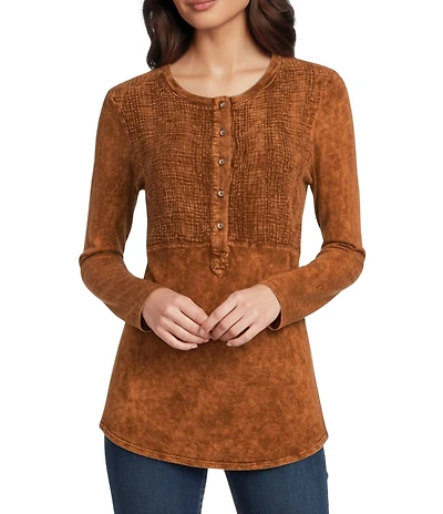 Reba Sadie Mix Media Henley Neck Long Sleeve Mineral Wash Shirt