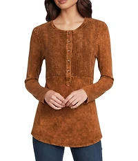 Reba Sadie Mix Media Henley Neck Long Sleeve Mineral Wash Shirt