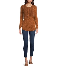 Reba Sadie Mix Media Henley Neck Long Sleeve Mineral Wash Shirt