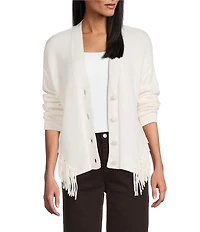Reba Sage Knit V-Neck Asymmetrical Fringe Long Sleeve Button Down Cardigan