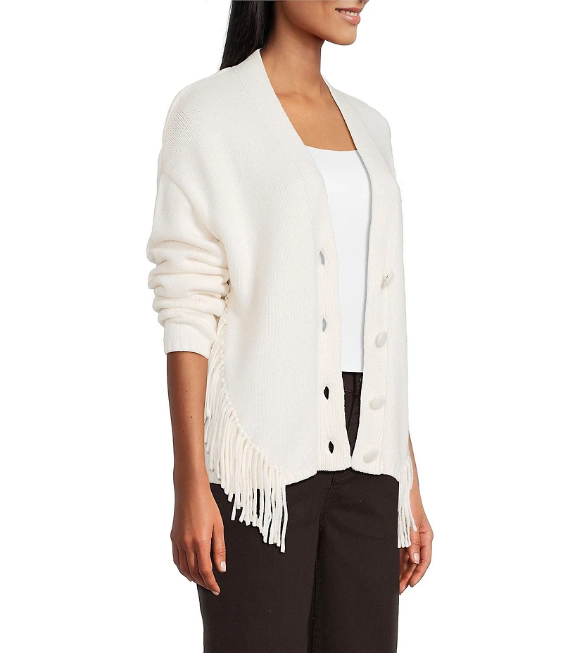Reba Sage Knit V-Neck Asymmetrical Fringe Long Sleeve Button Down Cardigan