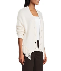 Reba Sage Knit V-Neck Asymmetrical Fringe Long Sleeve Button Down Cardigan