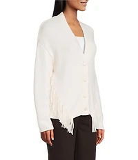 Reba Sage Knit V-Neck Asymmetrical Fringe Long Sleeve Button Down Cardigan