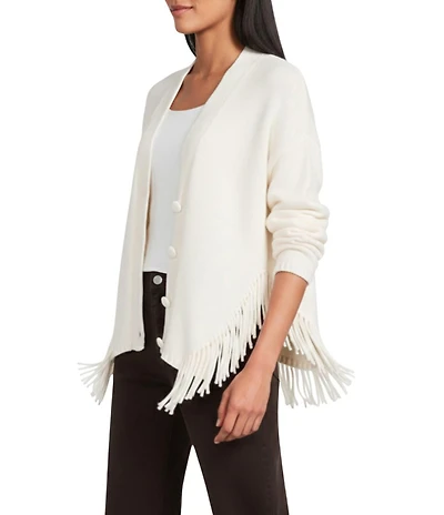 Reba Sage Knit V-Neck Asymmetrical Fringe Long Sleeve Button Down Cardigan