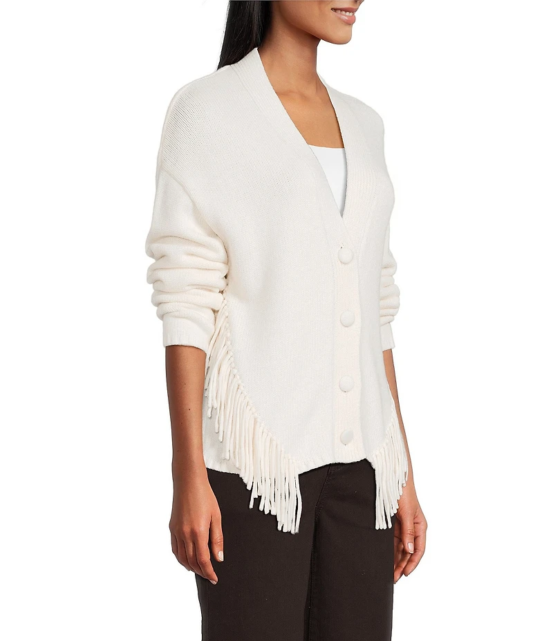 Reba Sage Knit V-Neck Asymmetrical Fringe Long Sleeve Button Down Cardigan