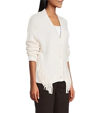 Reba Sage Knit V-Neck Asymmetrical Fringe Long Sleeve Button Down Cardigan