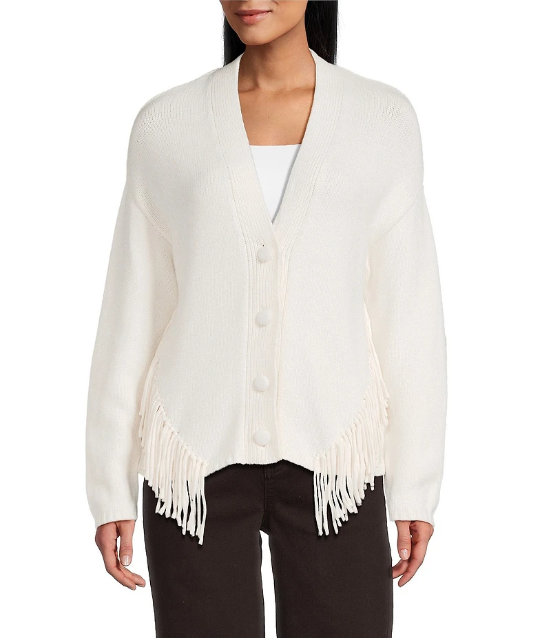 Reba Sage Knit V-Neck Asymmetrical Fringe Long Sleeve Button Down Cardigan