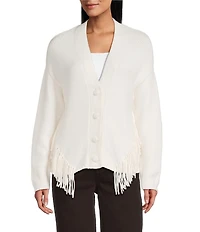Reba Sage Knit V-Neck Asymmetrical Fringe Long Sleeve Button Down Cardigan